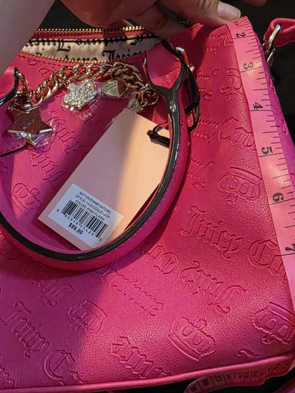 Juicy Couture Bright Pink Embossed Logo Satchel with Gold Charm Chain